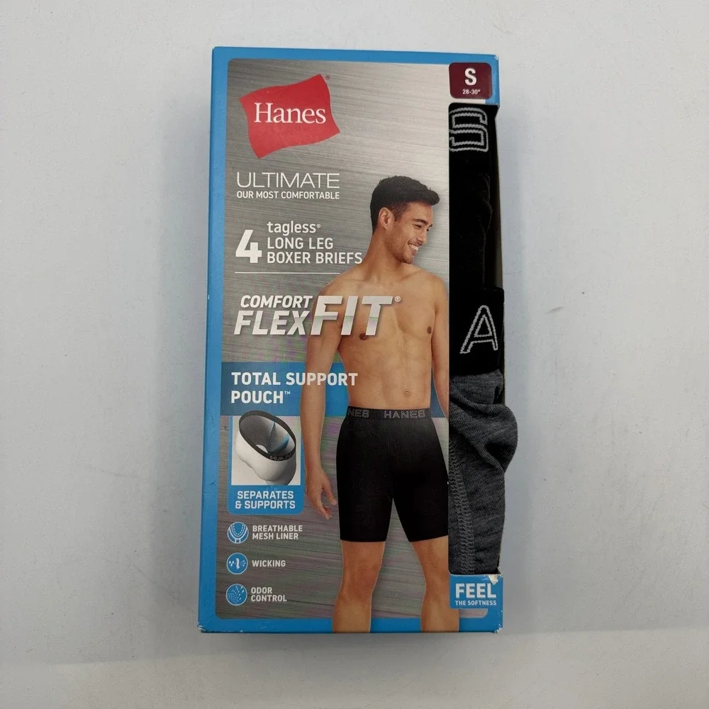 Hanes Boxer Briefs Mens S Black Grey 4pk Total Support Pouch Long Leg UFSLB4